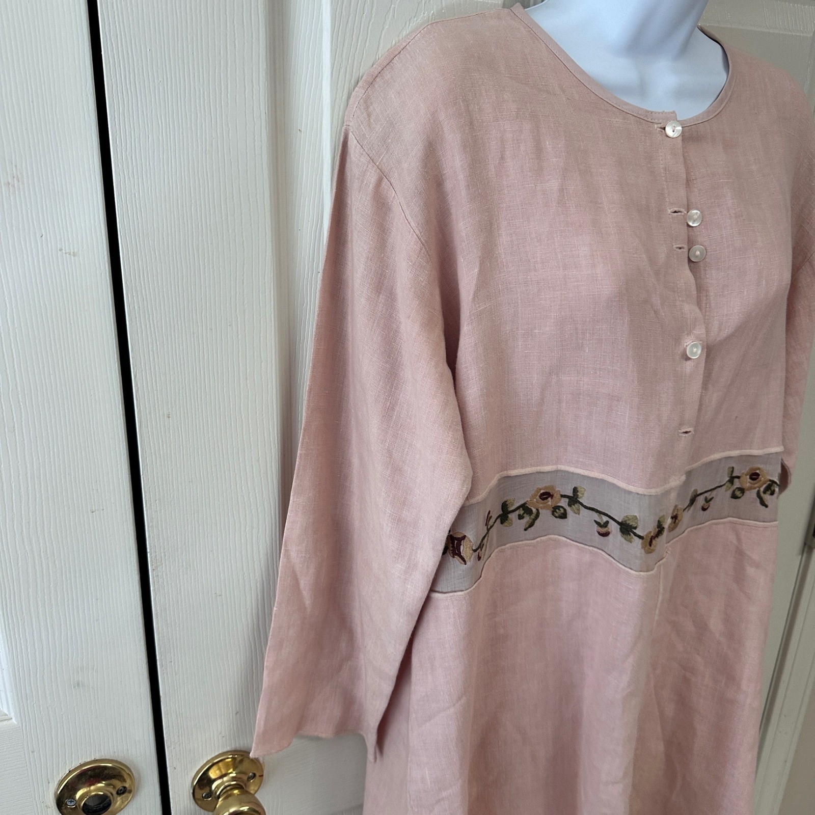 Nooshin Femme Tunic Blouse Women Size M Pink Linen Blend Floral Embroidered Mesh