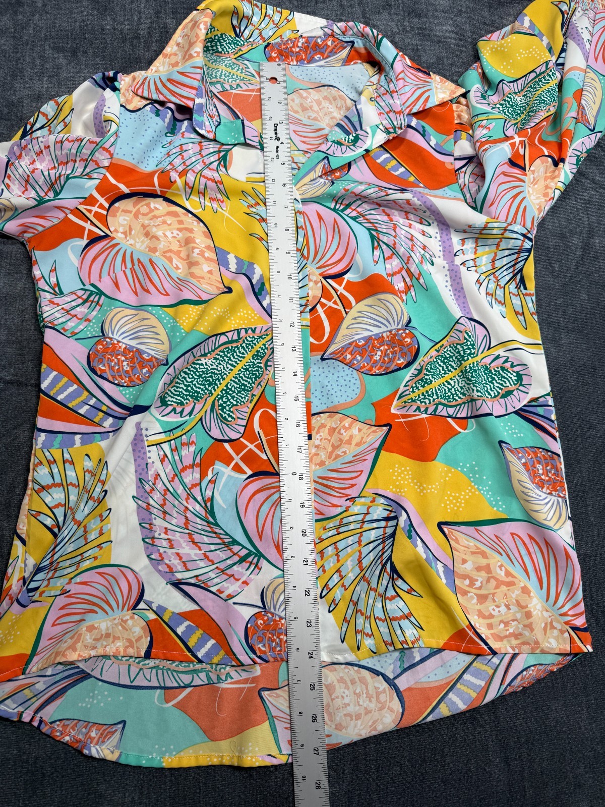 Womens Colorful Tropical Print Blouse Smocked Cuffs Oversized Button Front