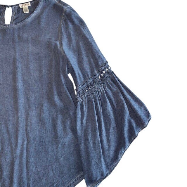 Spense Oil Wash Bell Sleeve Top Crochet Trim Long Sleeve Blouse Blue Size L