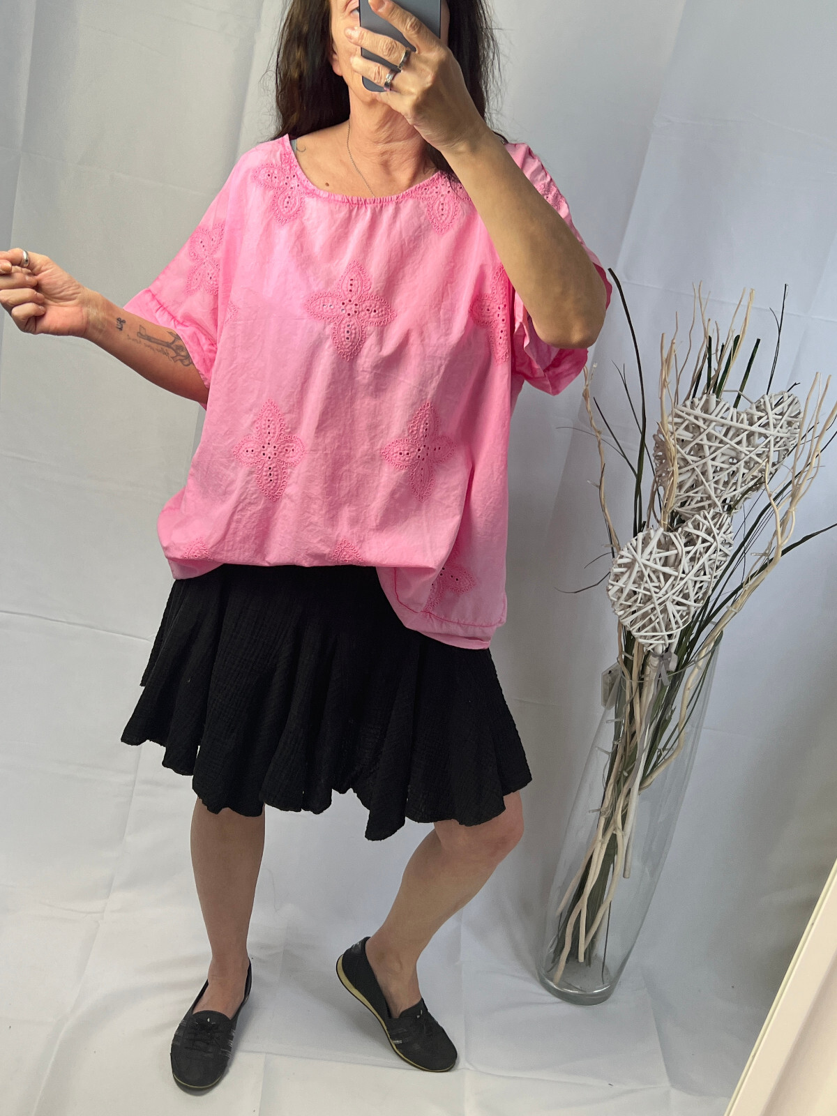 Italy new collection shirt blouse pink wash blogger size 38 40 42 44 eyelet embroidery