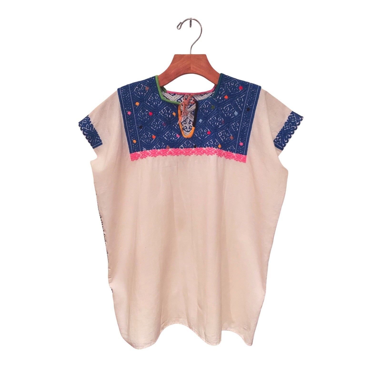 Vintage Mexican Huipil Embroidered Boho Blouse Cream Blue Pink Handcrafted Top