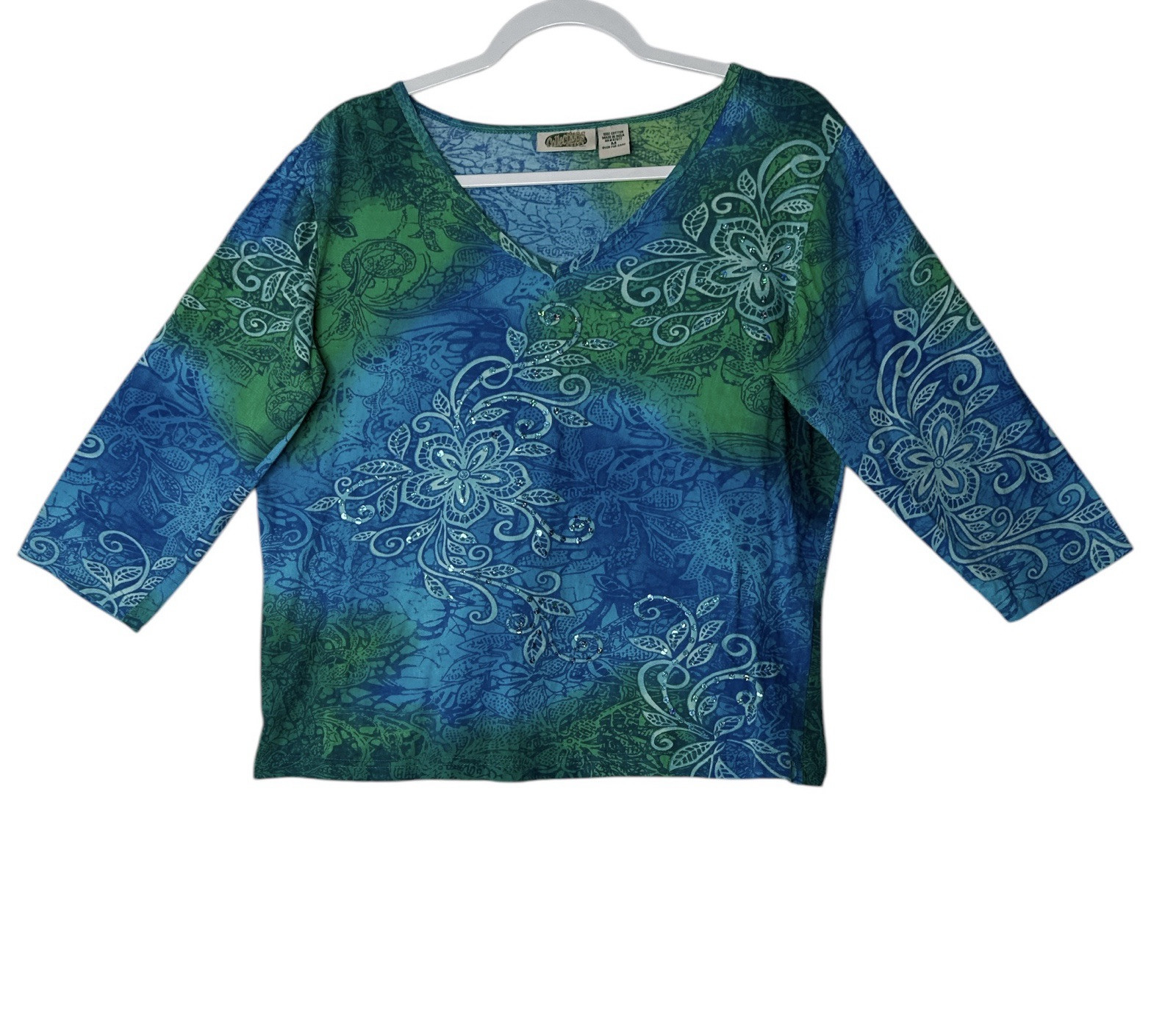 Collections Etc Top Women Medium Floral Sequin Spring Blouse Artsy Colorful