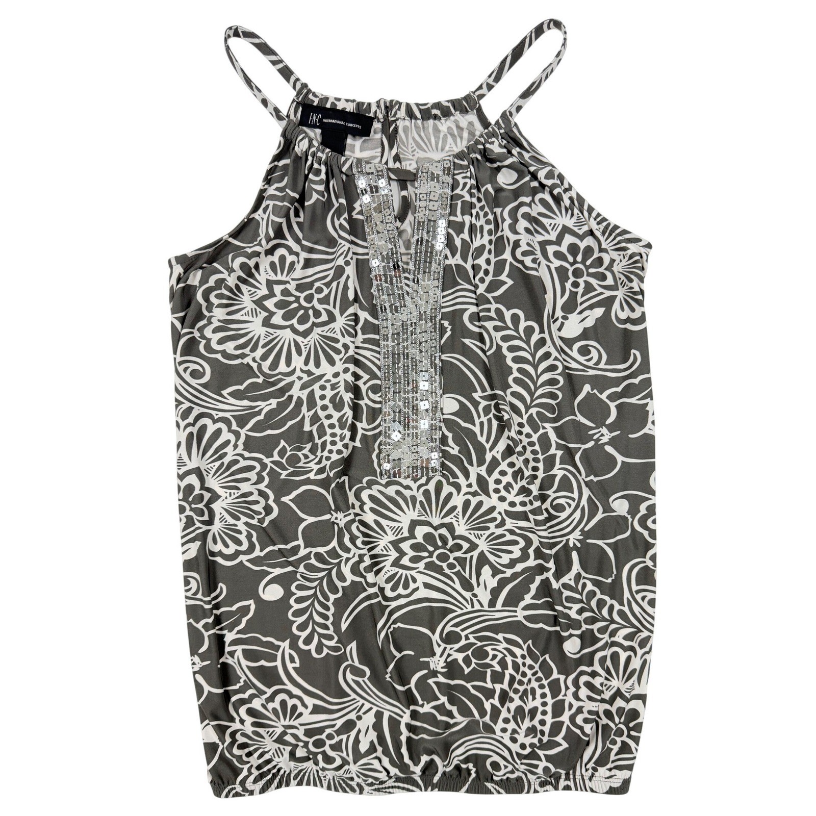 INC International Concepts Gray Floral Sequin Halter Top Blouse Small WPL 8046