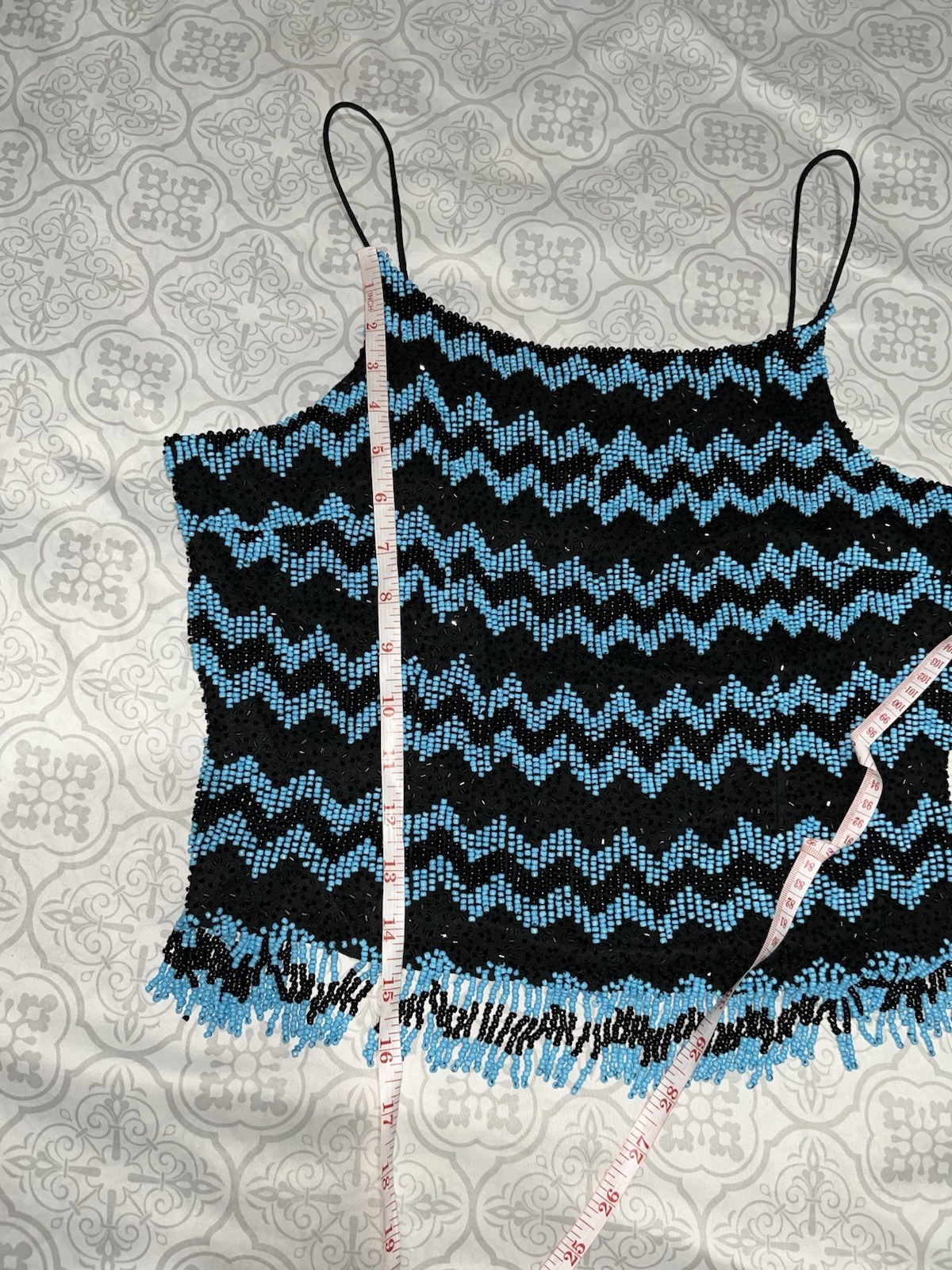Vintage Beaded Camisole 80s Turquoise Black Chevron Fringe Spaghetti Y2K Sz L?