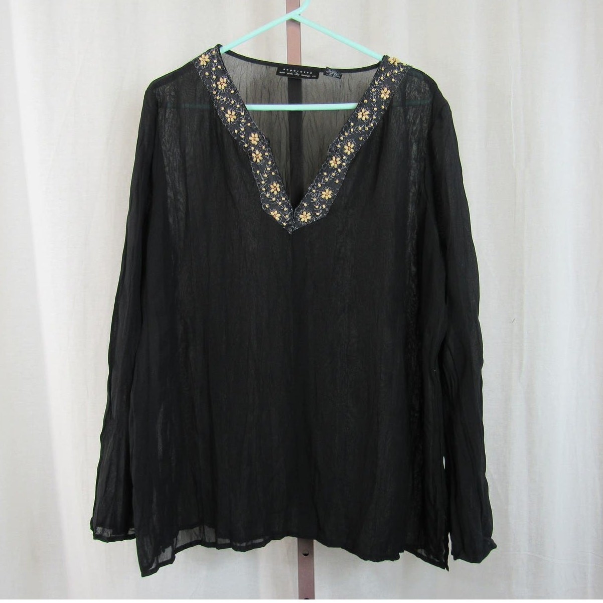 Separates By NYC Design Co. XL Black Crinkle Long Sleeve Blouse Beaded Sheer