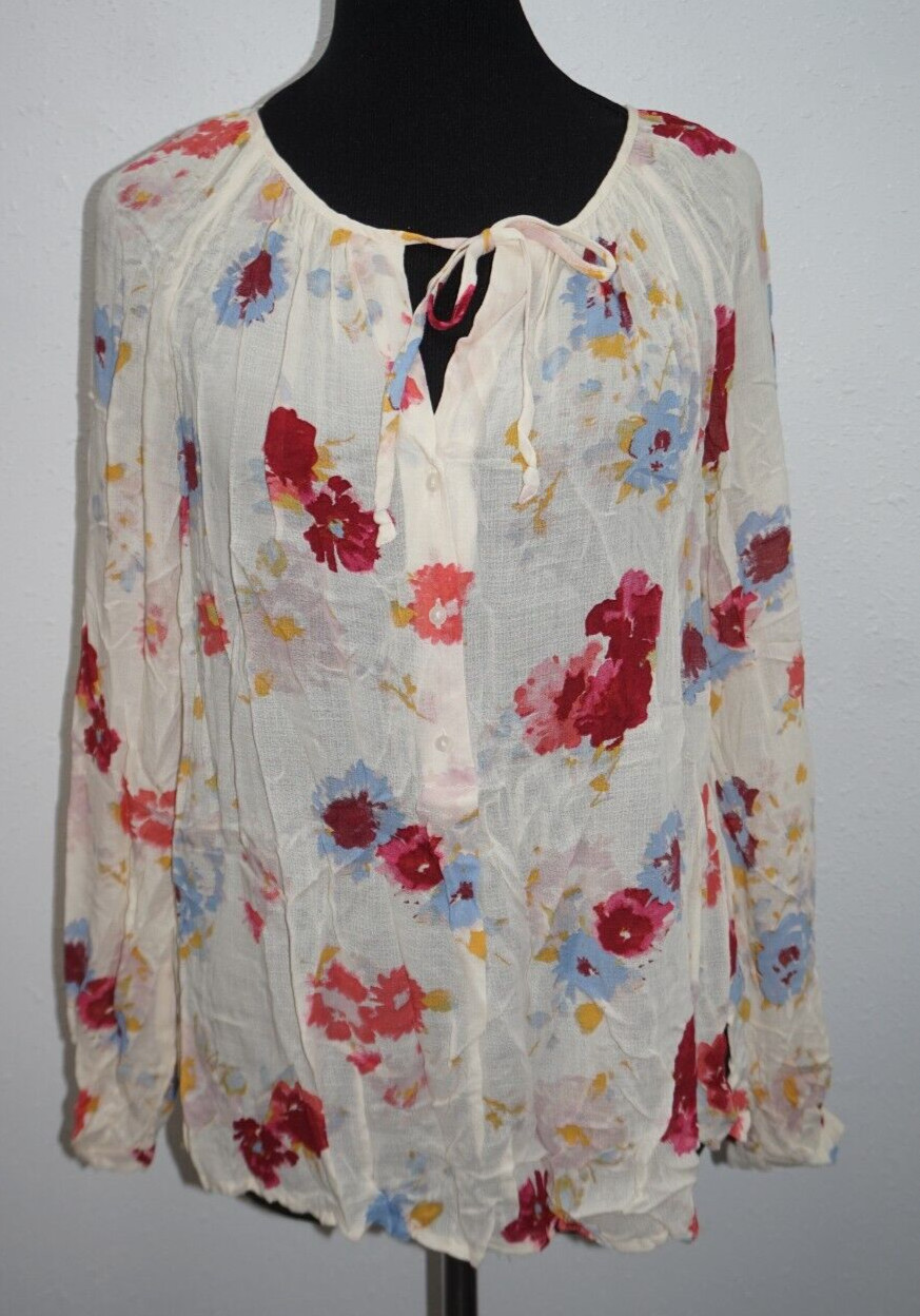 Lucky Brand Beige Multicolor Floral Blouse Top Peasant Shirt Sz S