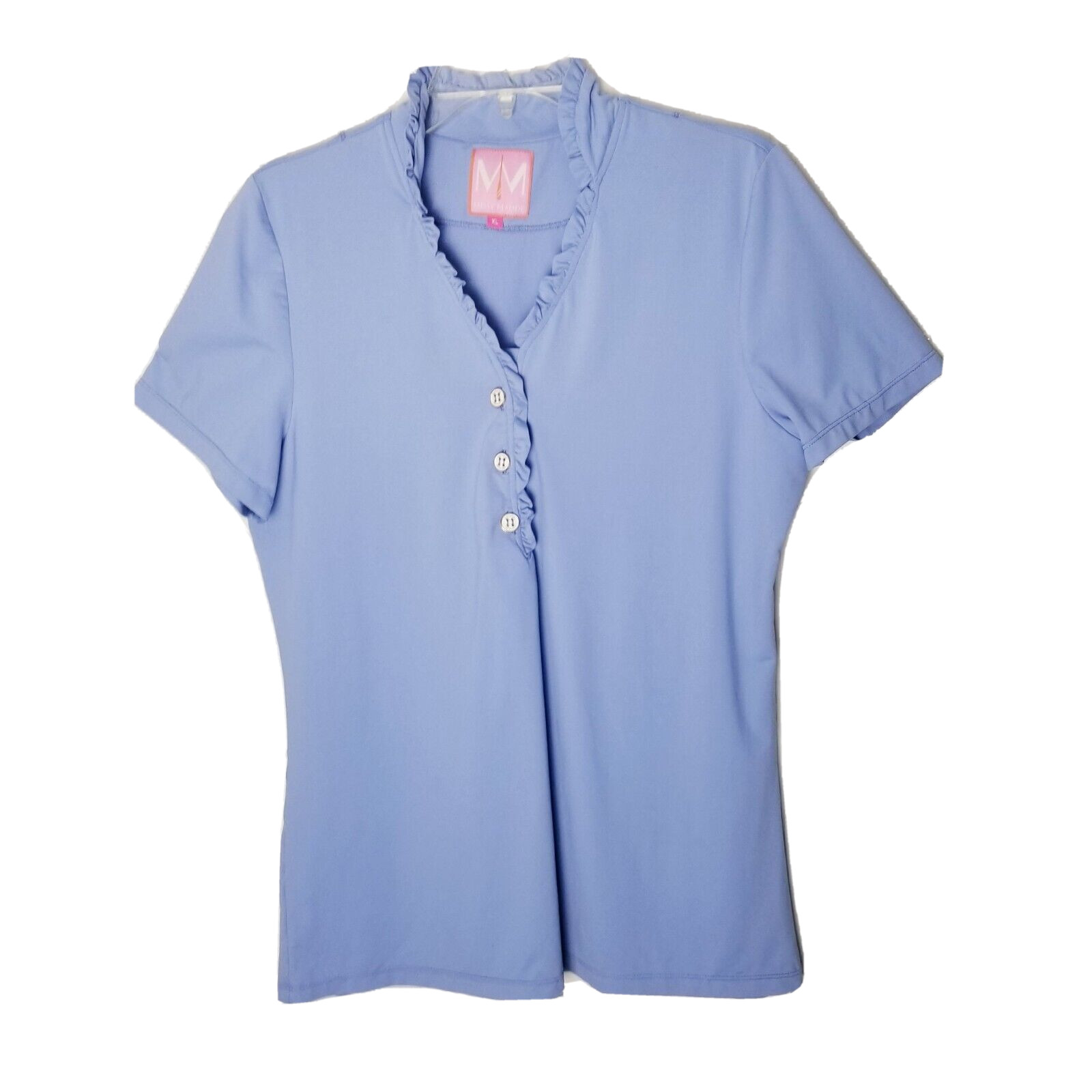 Missy Maude Blue Ruffle Neck Blouse XL Short Sleeve Top Casual Work Style 1508