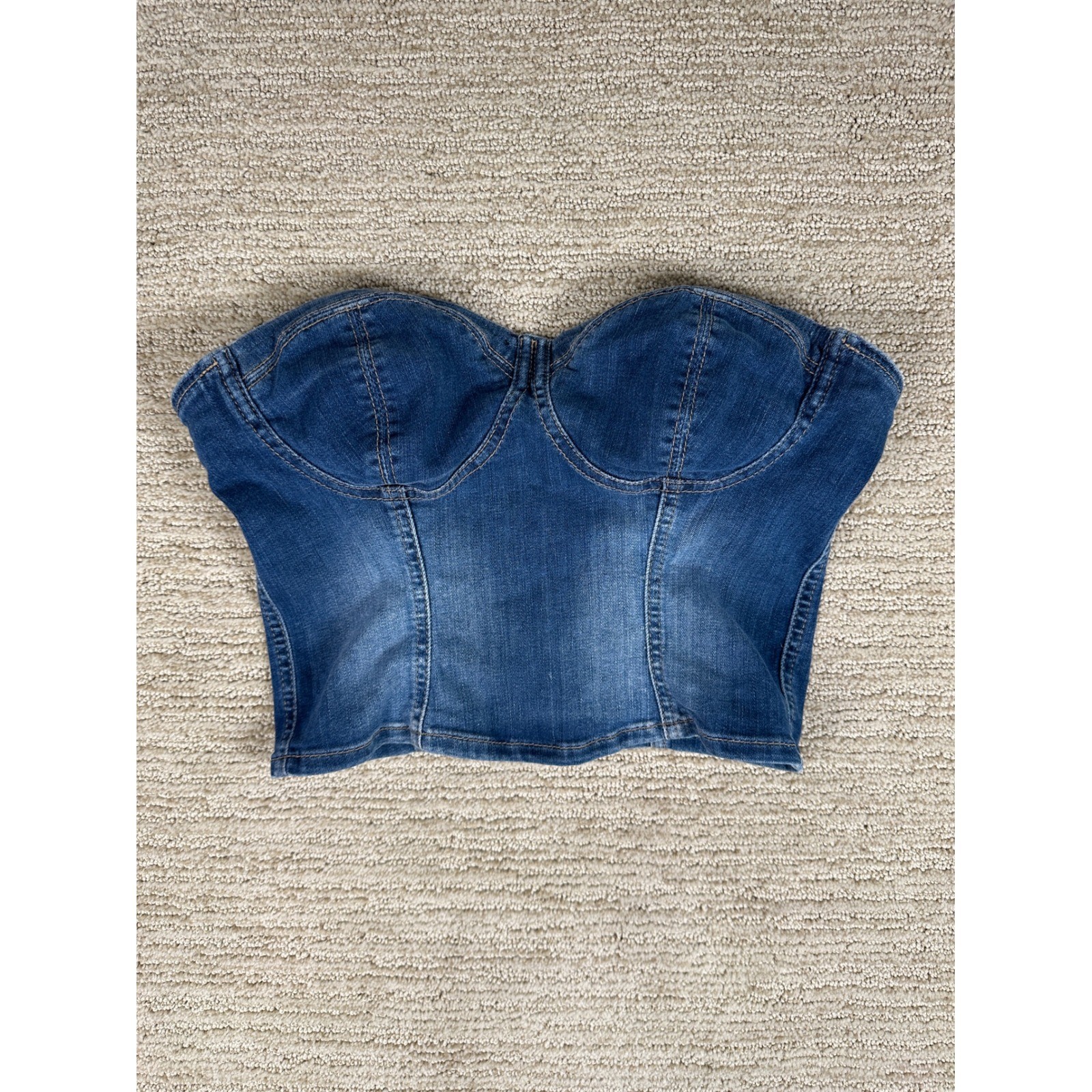 Guess Los Angeles Denim Corset Top Medium Wash Strapless Zipper Back W4HB03D3ED0