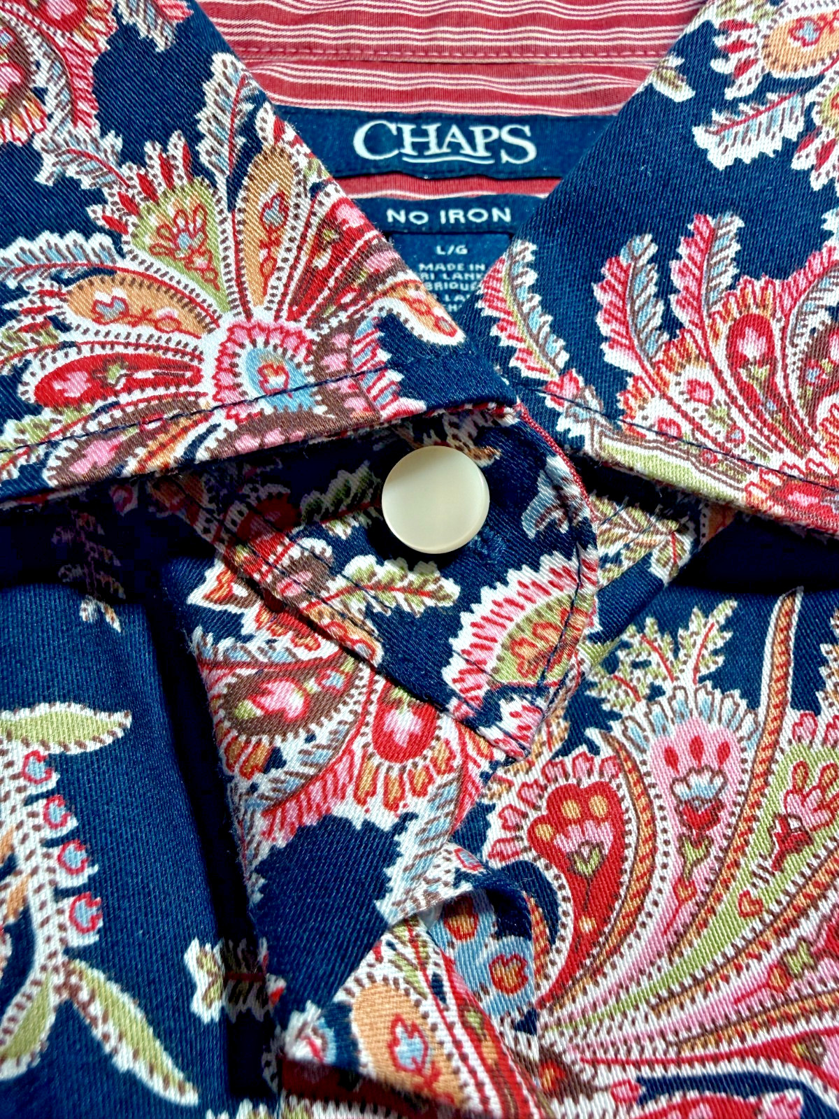 Chaps Women’s Blouse No Iron Retro Artsy Paisley Flip Cuff 100% Cotton Size L