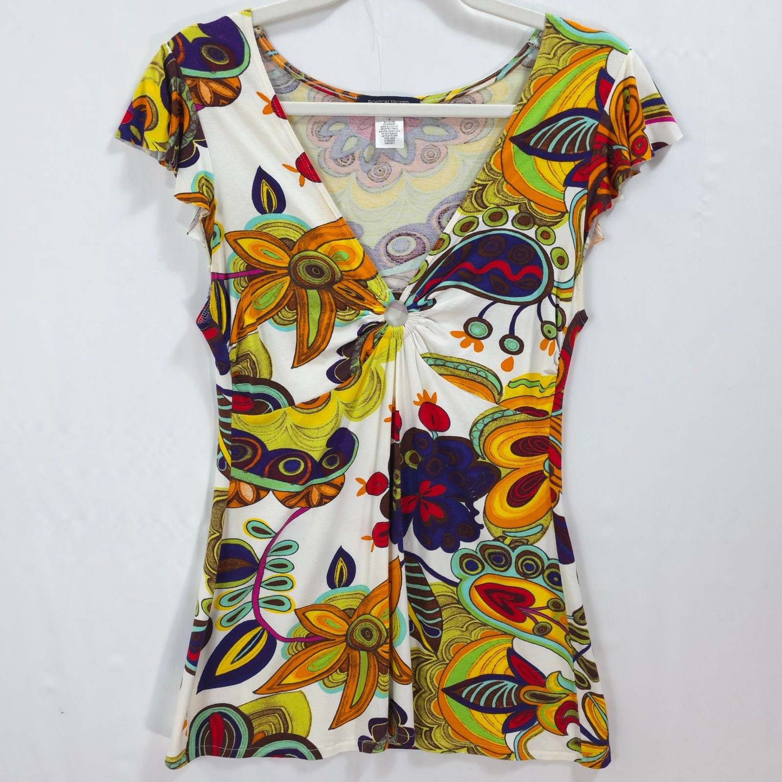 Boston Proper Abstract Floral Tunic Top Flutter Sleeve Ring Front Stretch Knit S