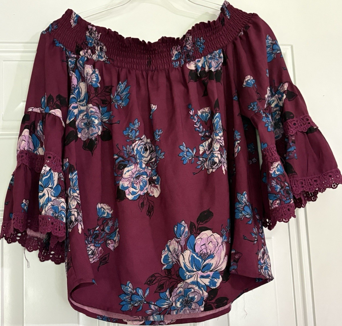 Xhilaration Burgundy Blue Floral Off-Shoulder Ruffle Blouse Women’s S
