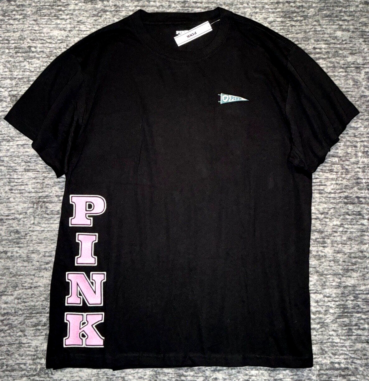 Victoria’s Secret Pink Campus Short Sleeve Tee Shirt Black Tulip Pink Logo L XL