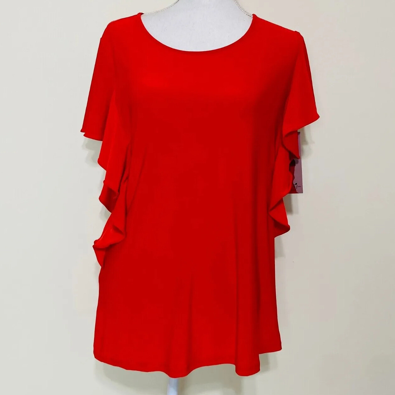 Nina Leonard Miracle Matte Jersey Ruffle-Sleeve Top, Size Medium NEW w/ Tag,Red