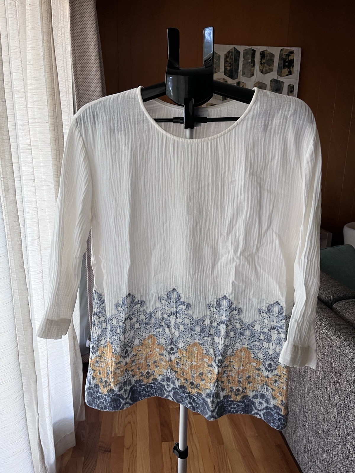 J.Jill PureJill Textured Border Print Tunic Top Blouse Size M Ivory Blue Relaxed