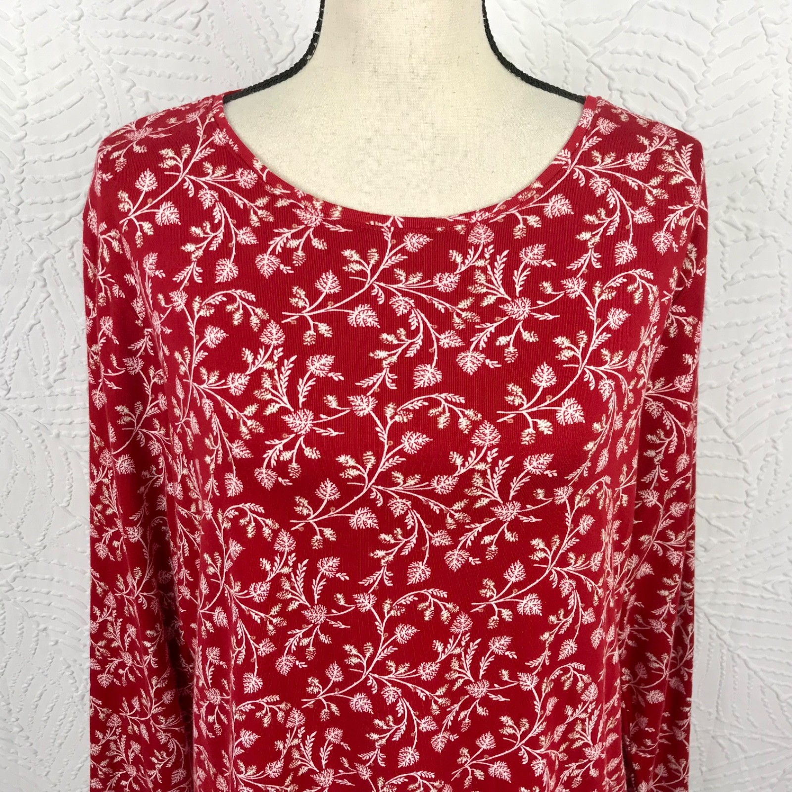 Croft & Barrow Classic Top Tee Shirt XXL Red White Floral Long Sleeve Cotton