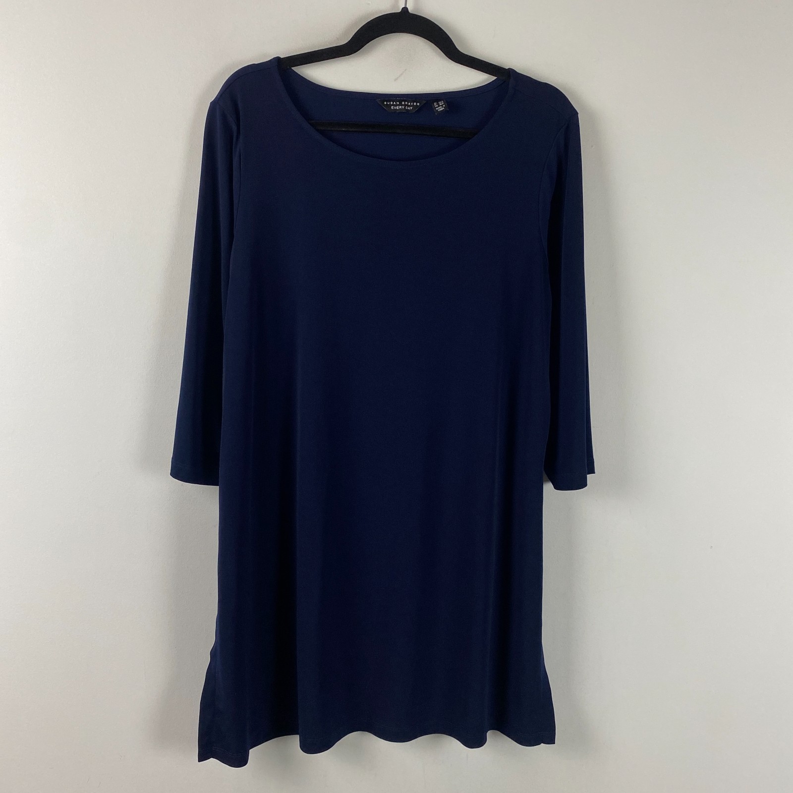 Susan Graver Liquid Knit Tunic Size Petite Large Side Slits Navy 3/4 Sleeves