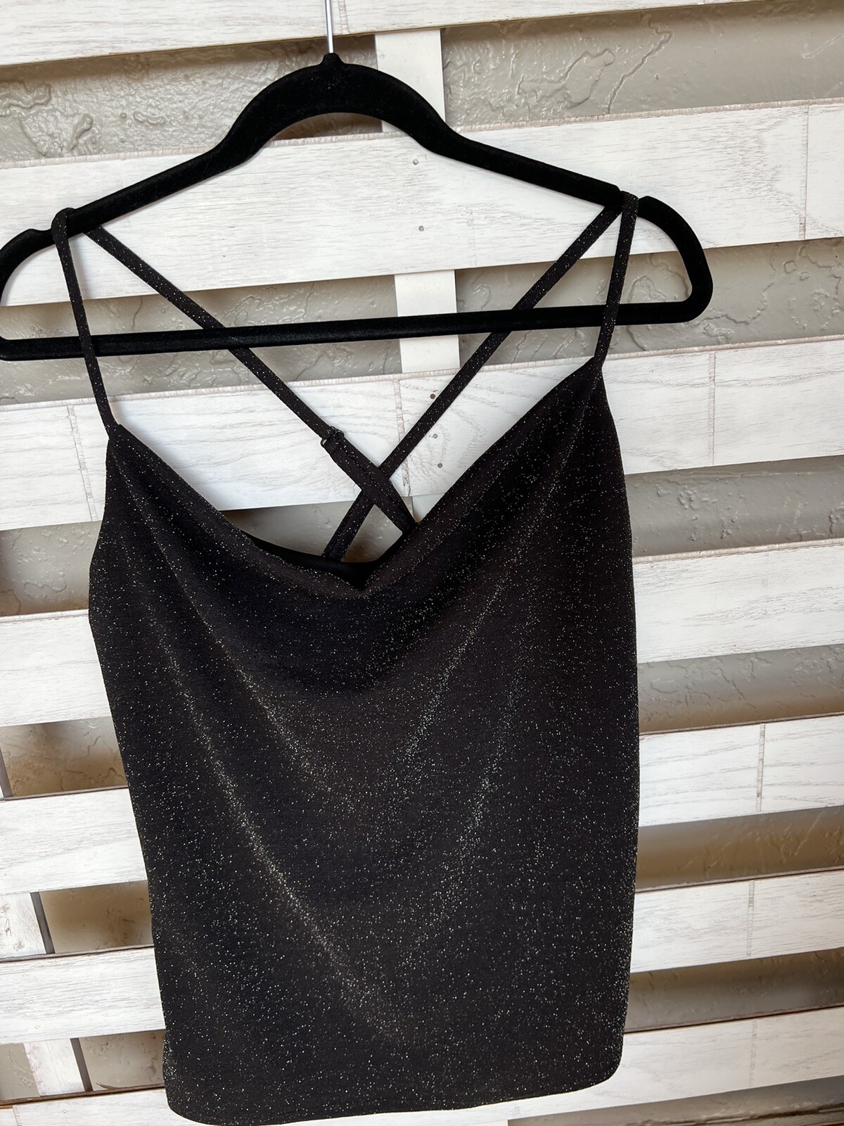 Kaileigh Womens Vanessa Back Cross Shiny Metallic Black Knit Stretch Top L