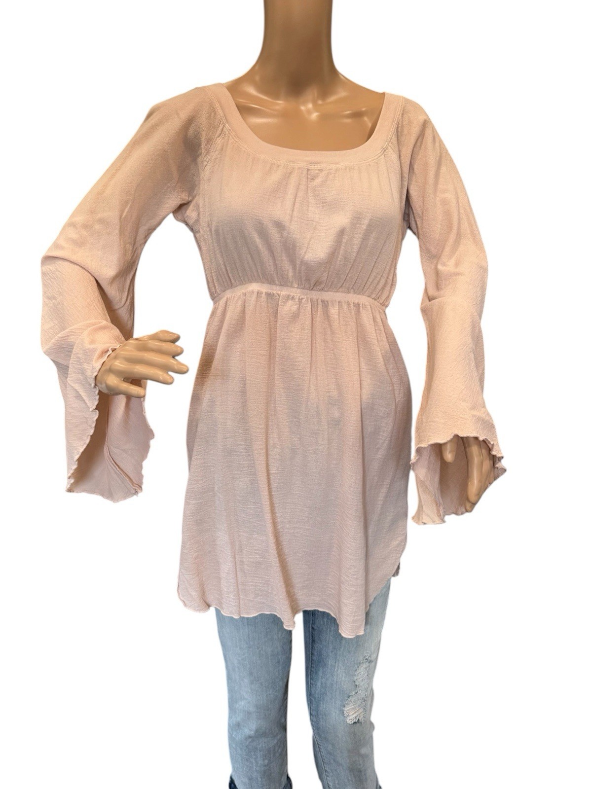 Hard Tail Boho Long Flare Sleeves Peasant Babydoll Top Light Blush Pink Size M