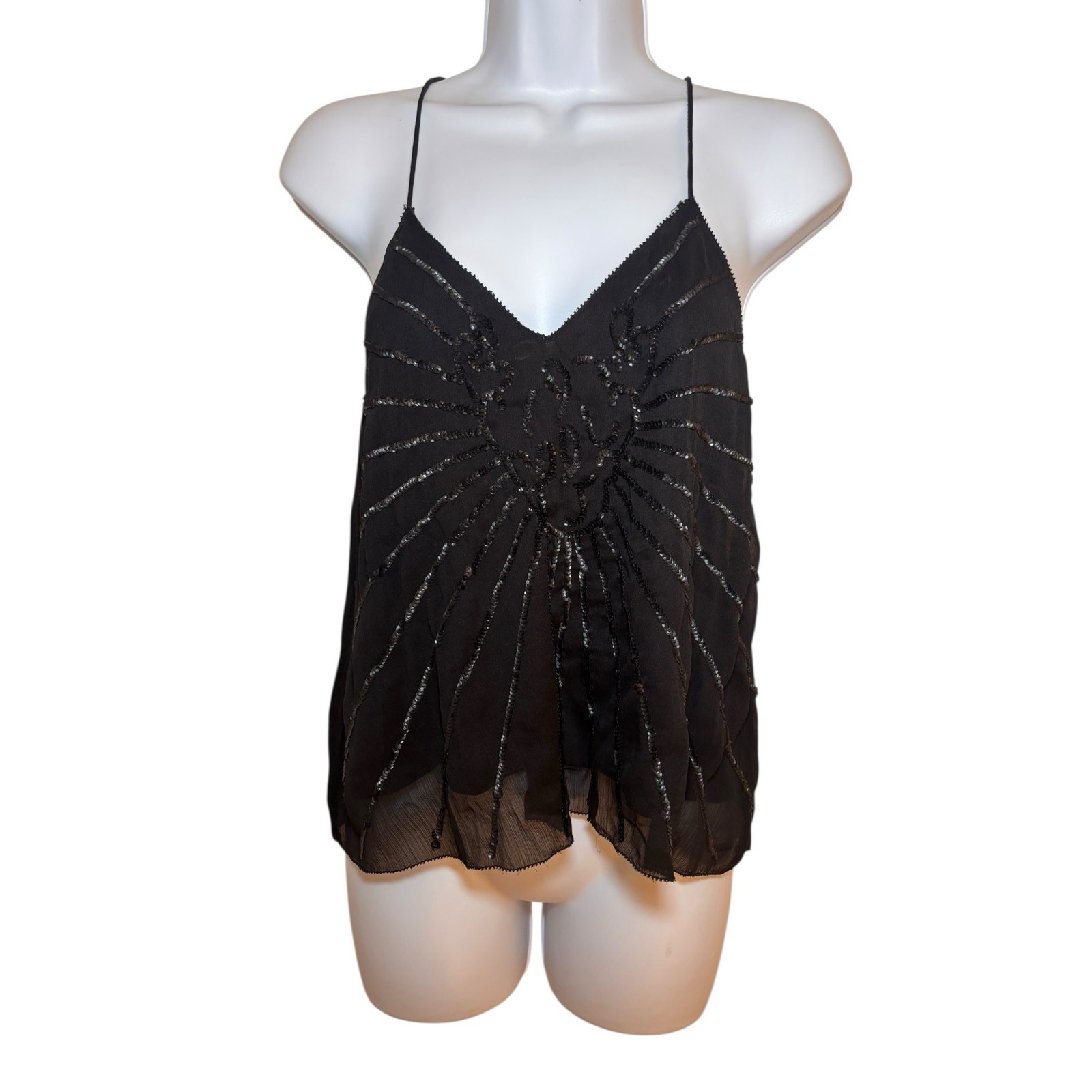 H&M Black Beaded Cami Top Size 4 Racerback Spaghetti Straps Event Party NYE