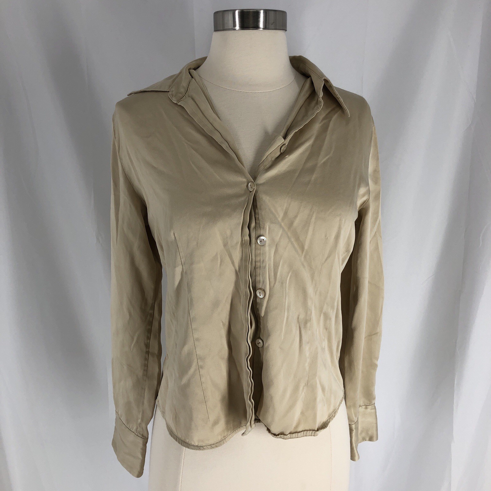TALBOTS-petites Pure Silk-beige/gold Long Sleeve-Button Up-size P4- Blouse