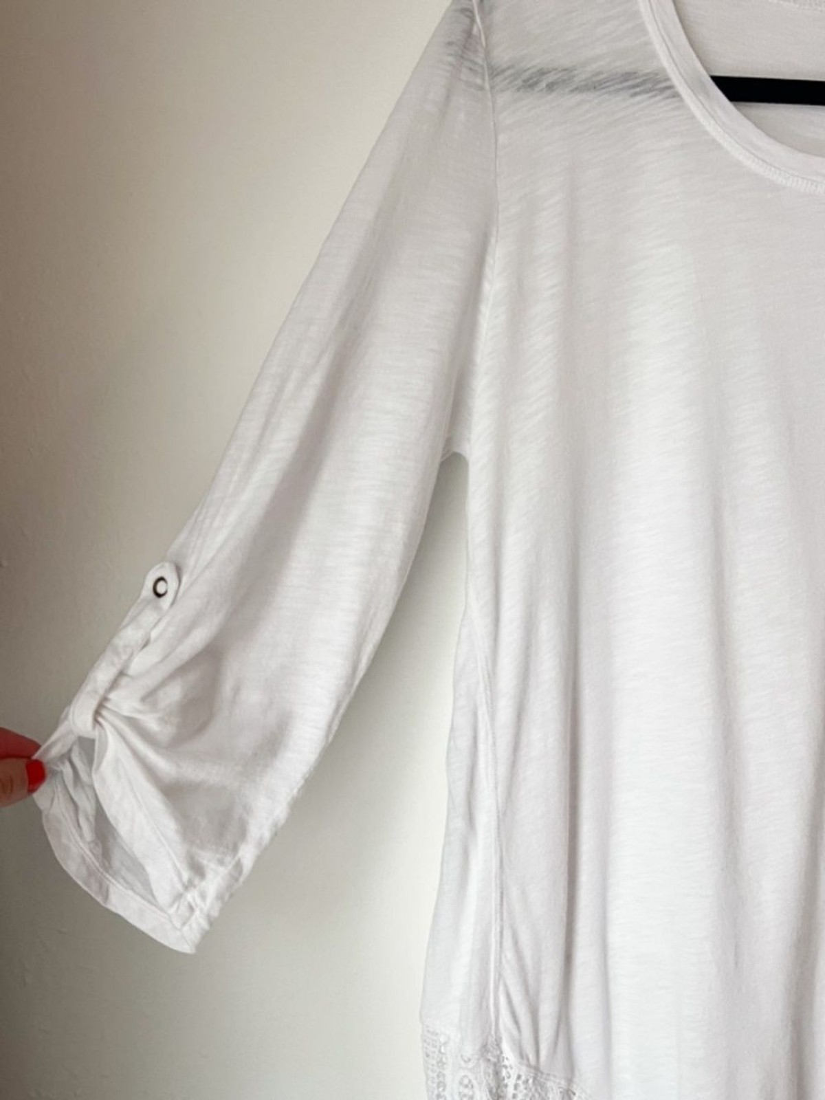 XCVI White Lace Hem Tunic Top Medium Cotton Modal 3/4 Sleeve Boho Blouse