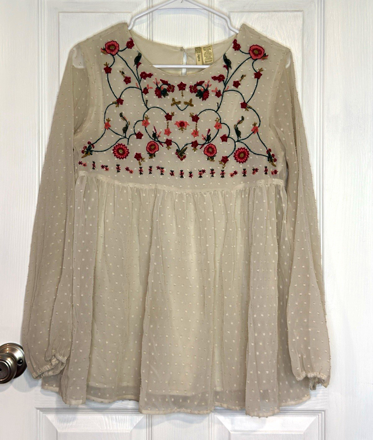 Japna Ivory Swiss Dot Chiffon Embroidered Floral Peplum Blouse S