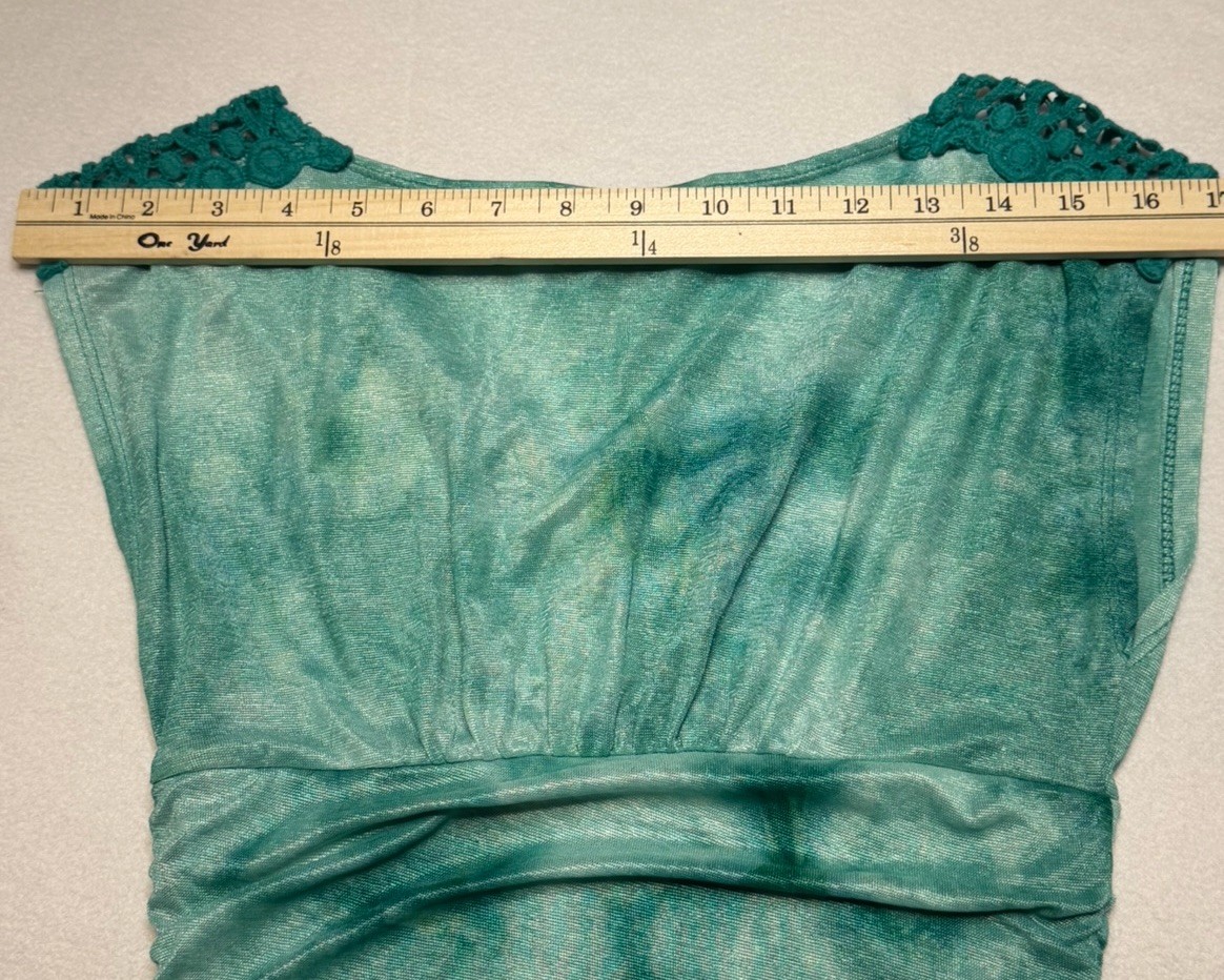 HeartSoul Boho Teal Shimmer Ruched Crochet Lace Trim Top Size Small