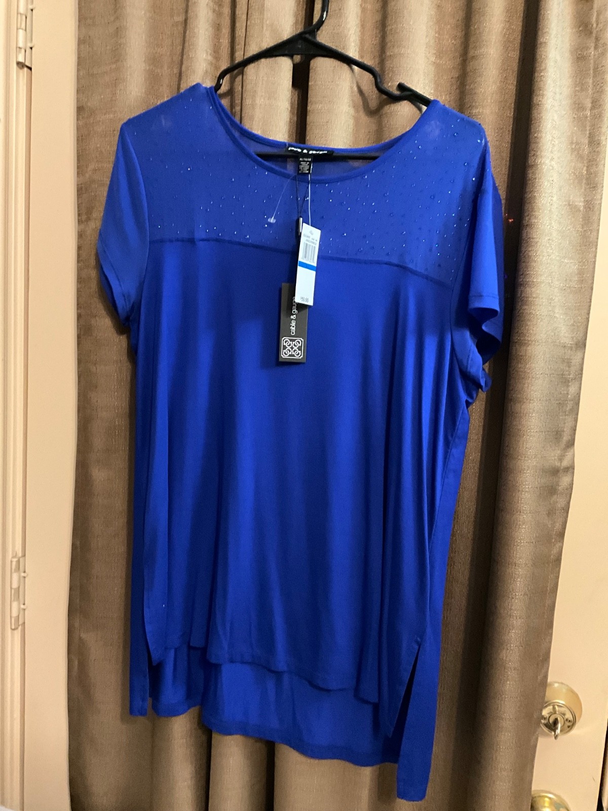 Cable & Gauge Tee Royal Blue Sheer Upper Bodice with Crystals HI-LO Hem XL NEW