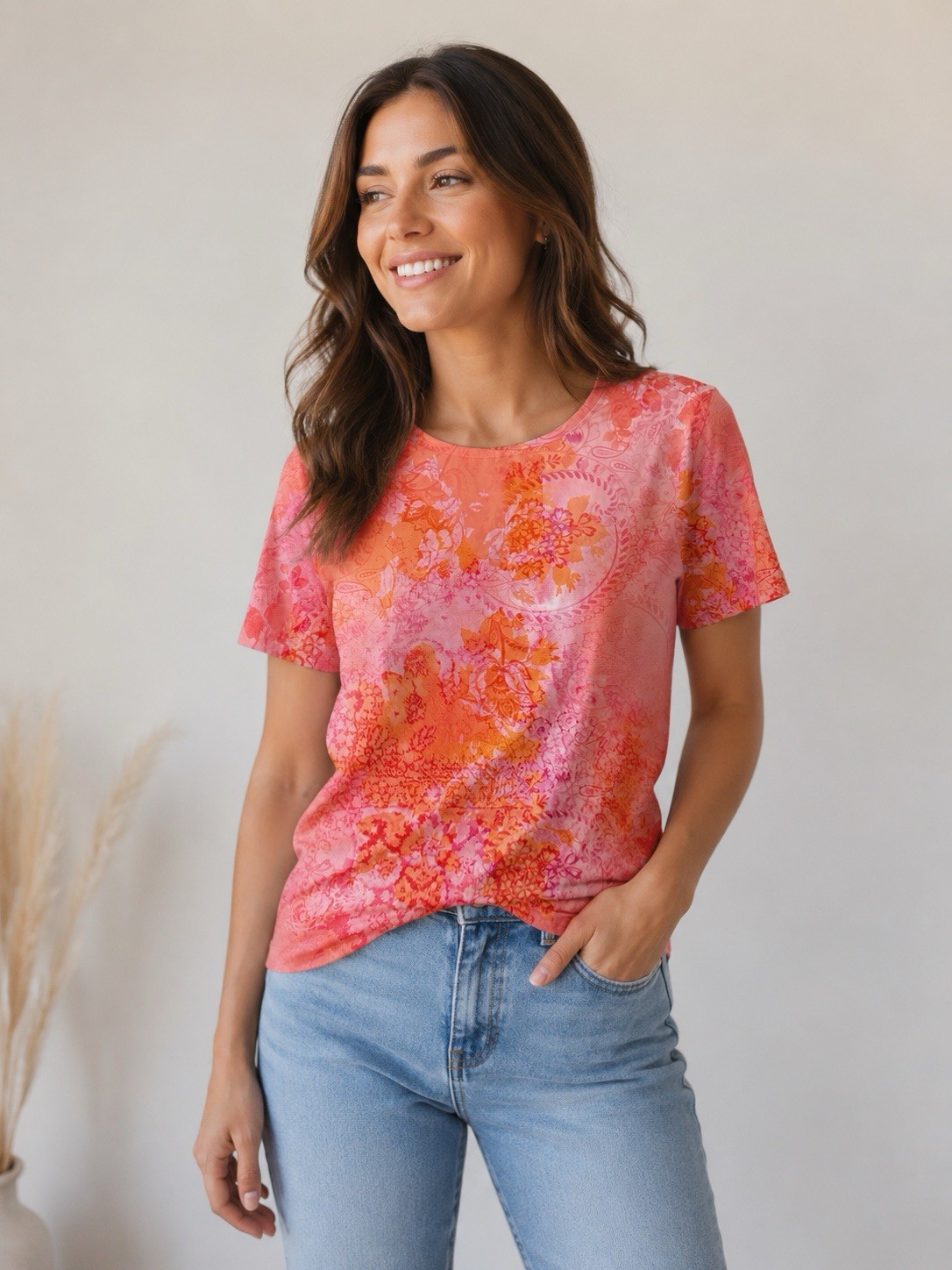 White Fox Womens Stretch Spandex Paisley Print Orange Top, Size Medium
