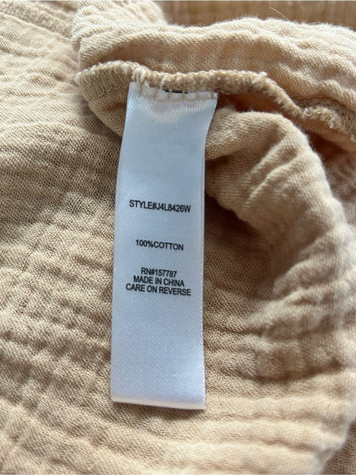 100% Gauze Cotton Relaxed Button-Down Shirt in Light Tan Size Large