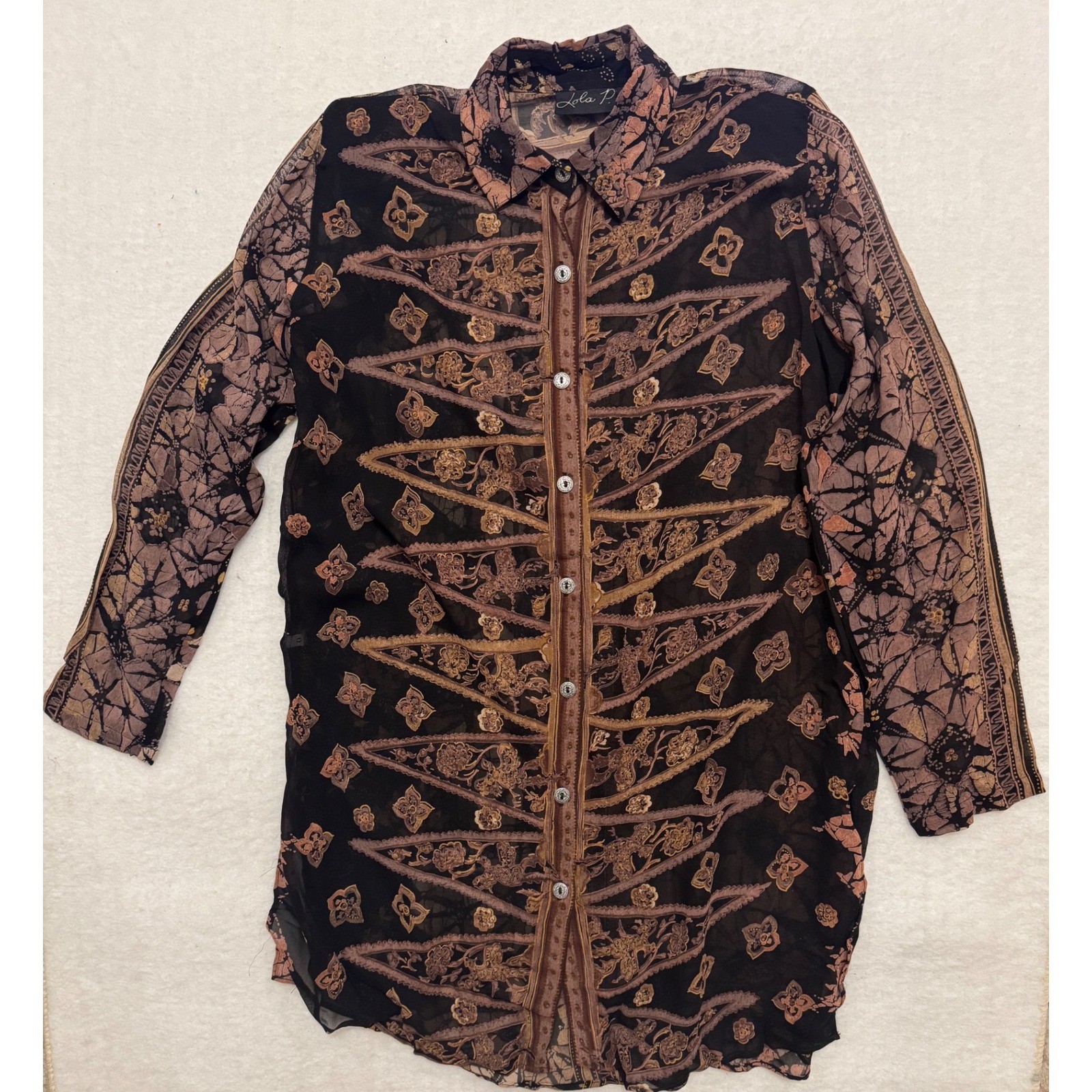 Lola P. Womens Sheer Batik Print Button Down Tunic Shirt Brown Black Medium NWT