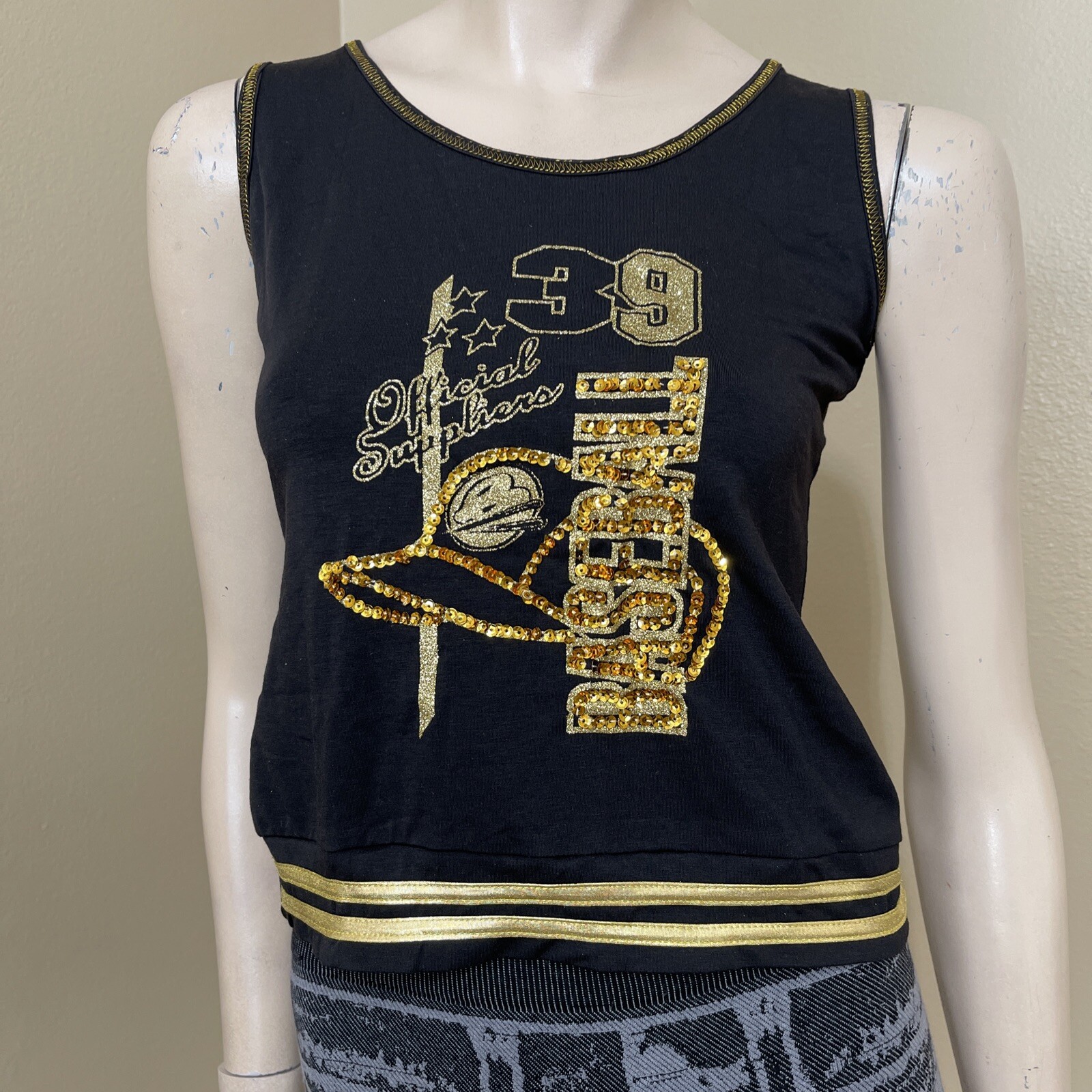 Women’s Black Gold Print Polyester Casual Summer Opened Beaded Size S Blouse Top