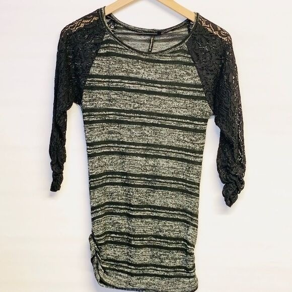 Knit Top Womens Black Grey Striped Lace Sleeve Ruched Whimsygoth Dark Romance Sm
