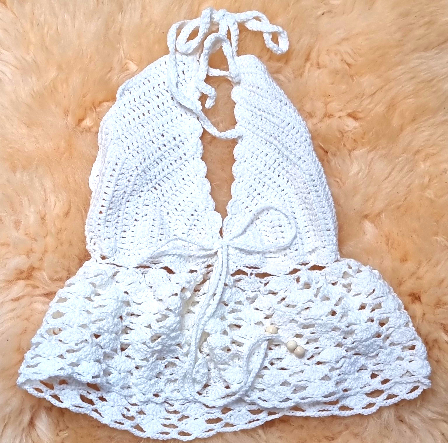 Handmade Women’s White Crochet Halter Swim Top Tie Strap 100% Cotton Size M – 10