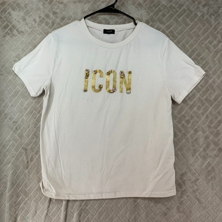 OnTwelfth T-Shirt Women Small White Icon Graphic Glitter Rhinestone Short Sleeve