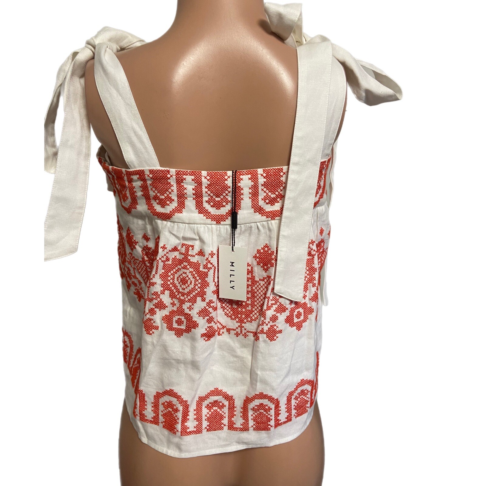 Milly White Danielle Linen Shoulder Ties Lined Cross Stitch Top NWT P S Coquette