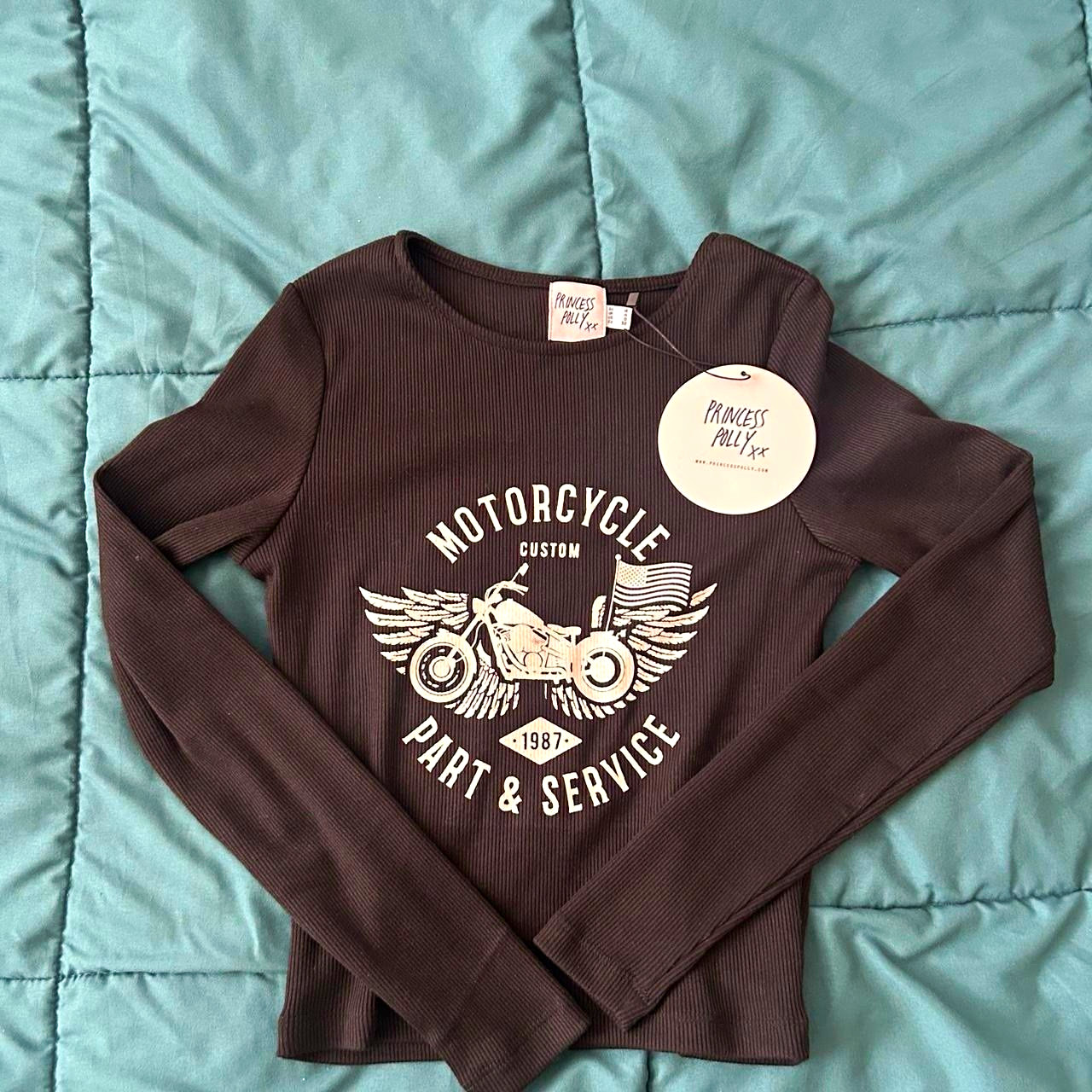 Princess Polly XS Brown Ribbed Motorcycle Graphic Cropped Crewneck Tee