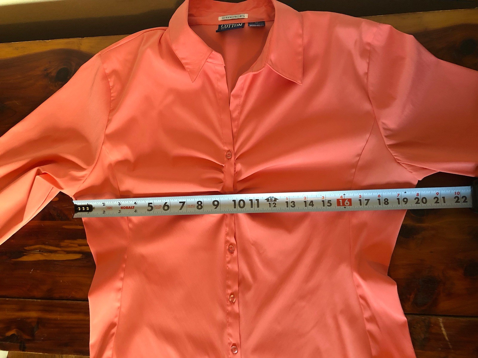 Easy Care Blouse Sz XL Peachy Pink 3/4 Sleeve Gathered Bust Button Down Stretch