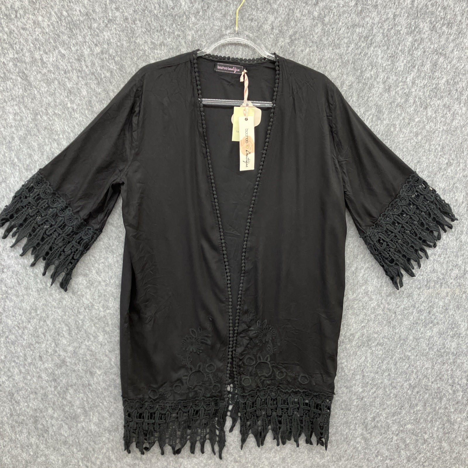NEW Boohoo Boutique Rianna Embroidered Kimono Topper Womens S Black Whimsigoth