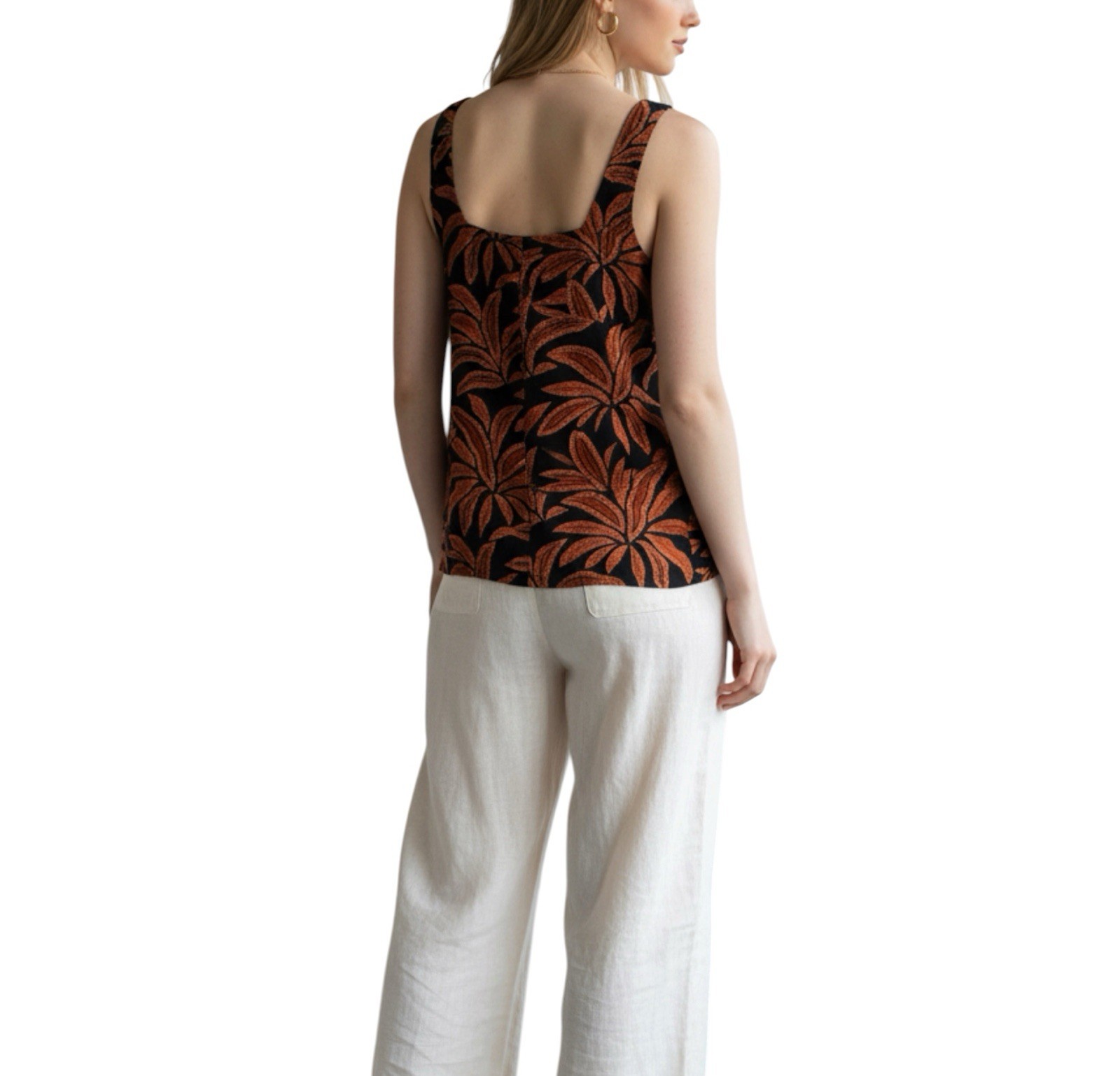 Rachel Zoe Linen Black/Rust Tropical Button Front Square Neck Tank Top M