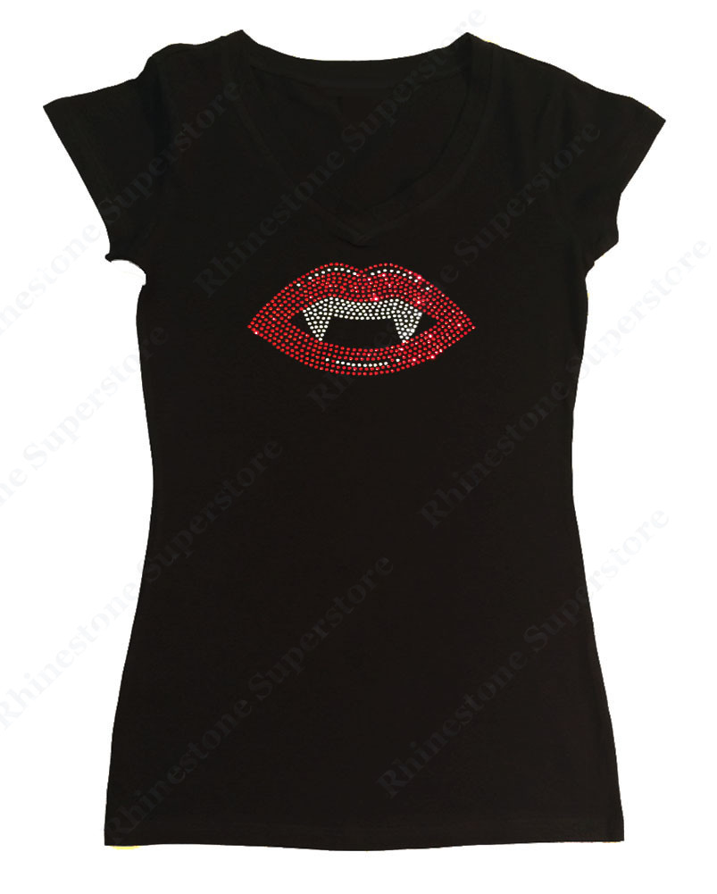 Women’s Rhinestone T-Shirt ” Sexy Vampire Lips ” S, M, L, XL, 2X, 3X, Halloween