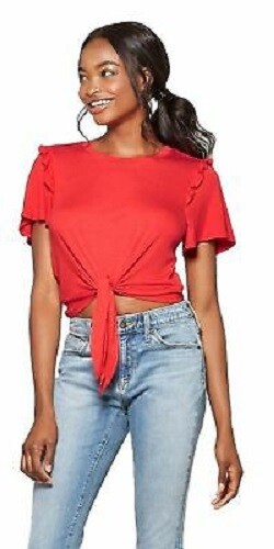 Lily Star Women’s Juniors’ Short Sleeve Tie Front Ruffle Shoulder Top Red L New