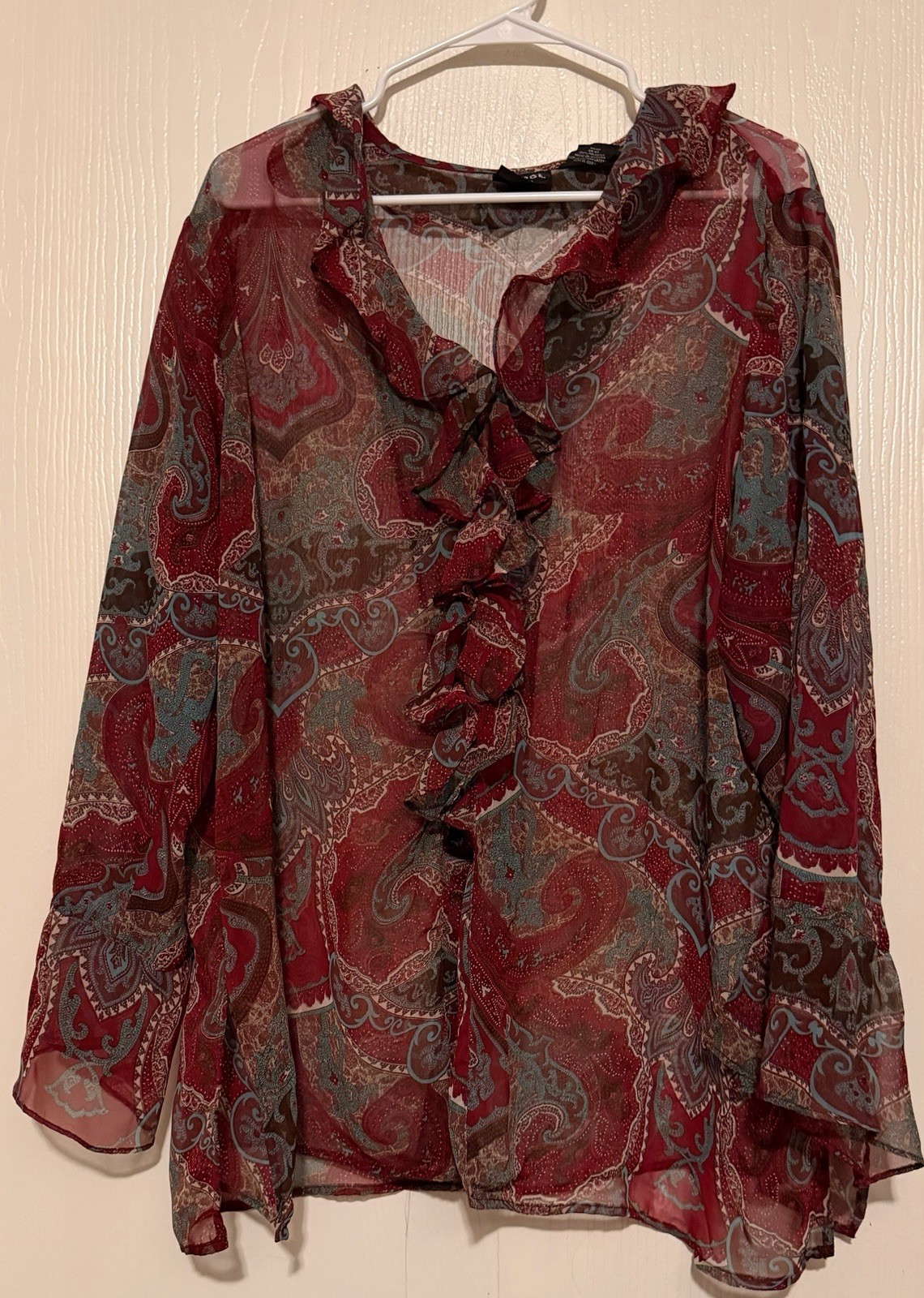George Red Gray Paisley Sheer Chiffon Ruffle V-Neck Blouse Long Sleeve 2X