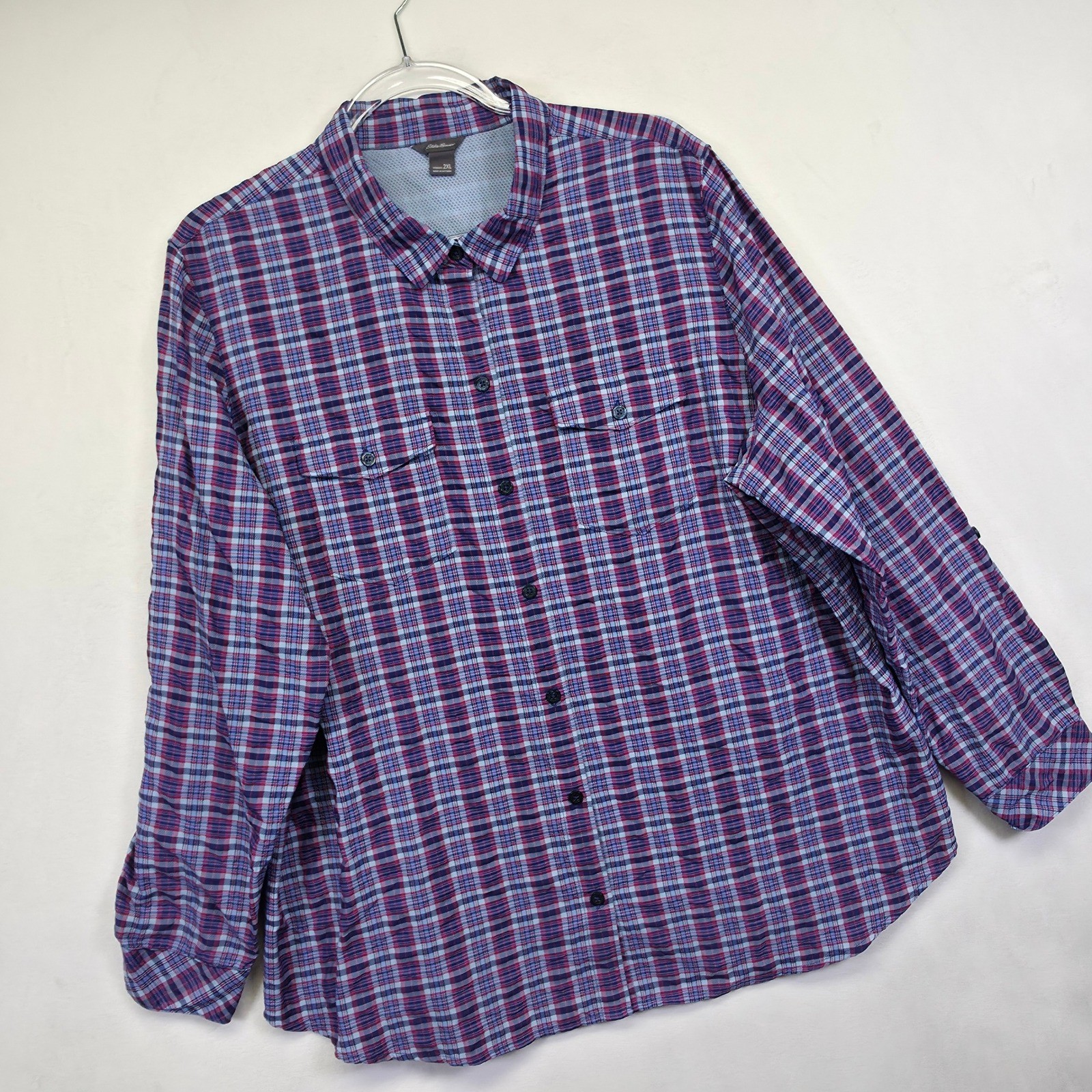 Eddie Bauer Blouse Womens 2XL Blue Purple Button Up Plaid Outdoor Sports Shirt