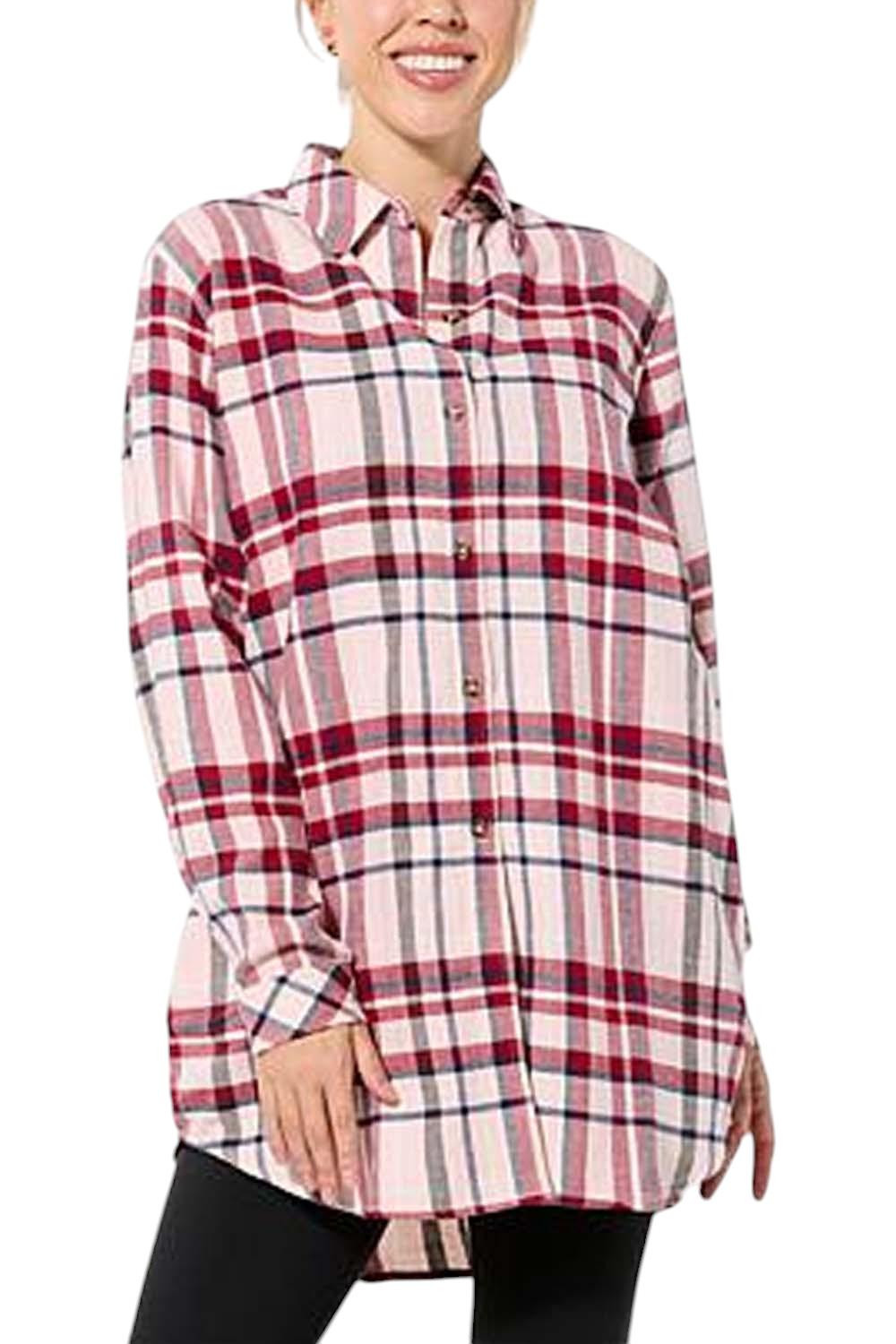 HUE Women’s Long Sleeve Plaid Nap Shirt Pink