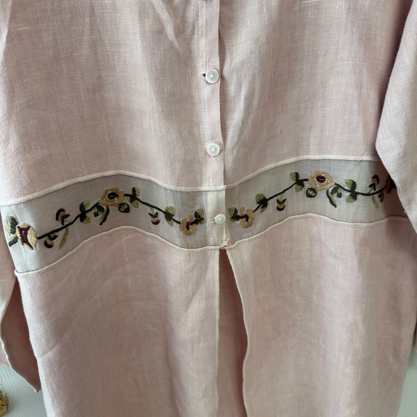 Nooshin Femme Tunic Blouse Women Size M Pink Linen Blend Floral Embroidered Mesh
