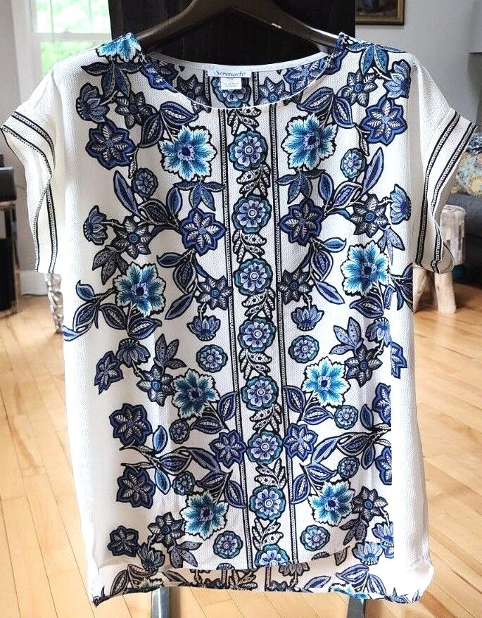 Serengeti Floral Top Shirt Blouse Tunic White Blue Multi Women’s Size 1X, M & L