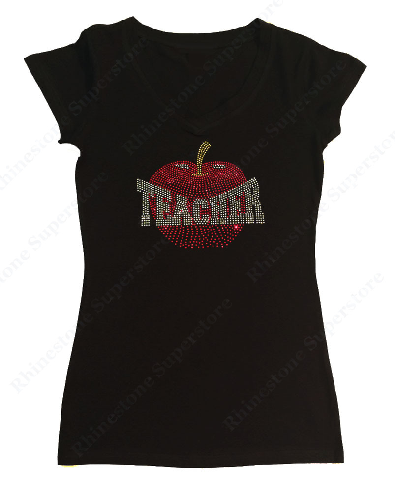 Women’s Rhinestone T-Shirt ” Teacher with Apple ” S, M, L, 1X, 2X, 3X