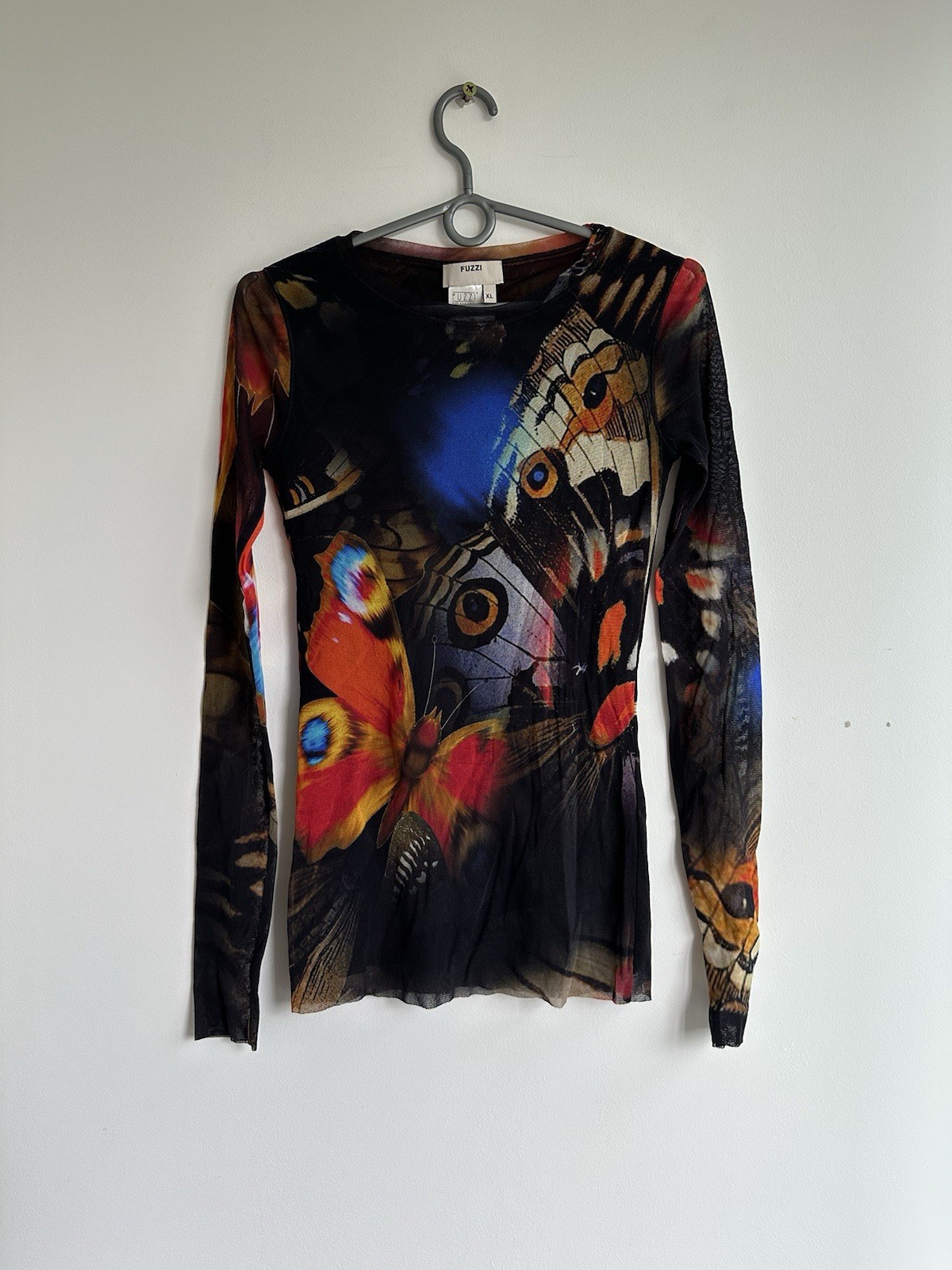 Vintage Fuzzi Jean Paul Gaultier Butterfly Print Long Sleeve Mesh Blouse Size XL
