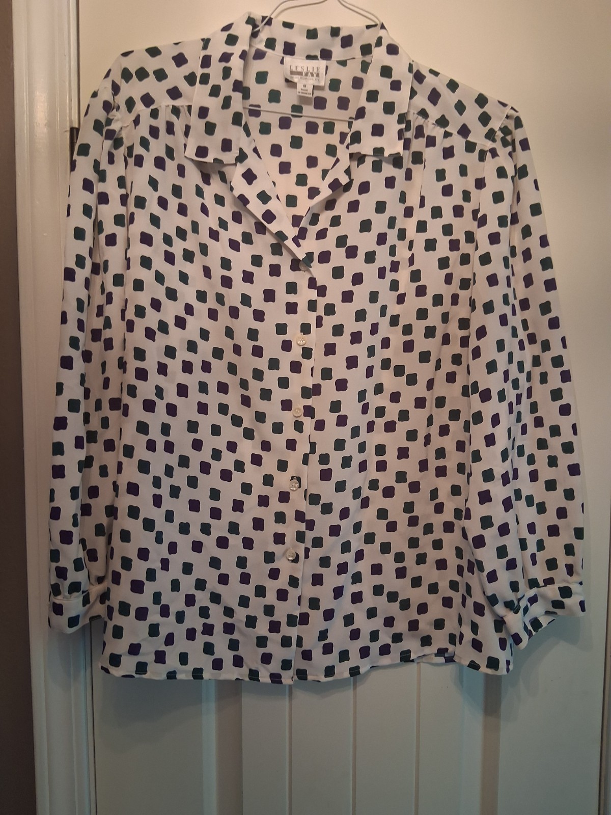 Vintage Leslie Fay Womens Off White Purple And Green Square Print Blouse Size 18
